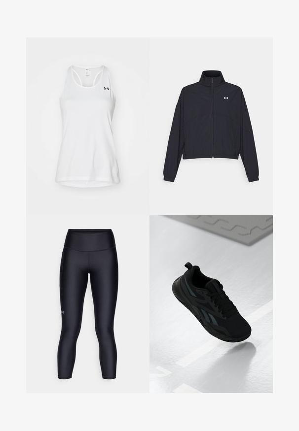 Zwarte zip-up jas met een hoge kraag, elastische manchetten en zoom. Beschikt over een soepele textuur en een klein wit logo op de borst.; Witte sporttanktop van ademende mesh-stof. Heeft een ronde hals en racerback-ontwerp. Bevat een klein zwart logo op de borst.; Zwarte leggings van glad, rekbaar materiaal. Hoog ingezette taille met een nauwsluitende pasvorm en een klein logo op het linkerpedaal.; Zwarte sportieve schoen met een bovenkant van mesh, voorzien van textuuraccenten en een vlakke zoolvorm. Inclusief tonale branding en een lipje aan de hiel.