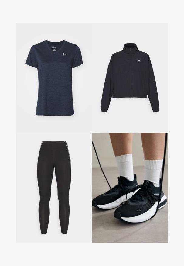 Crna jakna na zatvaranje s visokom ovratnikom, elastičnim manžetama i rubom. Ima glatku teksturu i mali bijeli logo na prsima.; Tamno plavi T-shirt sa V-izrezom i kratkim rukavima, izrađen od lagane, teksturirane tkanine. Sadrži mali srebrni logo na gornjem lijevom dijelu grudnog koša.; Crne tajice izrađene od rastezljivog materijala s visokim pojasom. Ima bijele bočne pruge i glatku teksturu.; Crne atletske cipele s teksturiranim materijalom, bijelim potplatima i crnim vezicama. Nosene s bijelim rebrastim čarapama, stojeći na svijetloj površini.