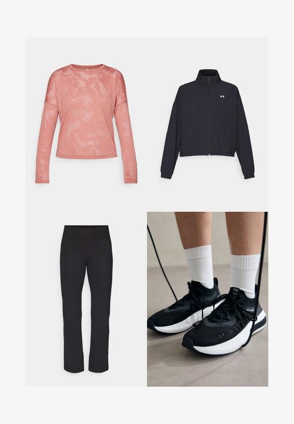 Schwarze Jacke mit Reißverschluss und hohem Kragen, elastischen Bündchen und Saum. Sie hat eine glatte Textur und ein kleines weißes Logo auf der Brust.; Langärmliges, rundhalsiges Oberteil in hellem Korallenfarben mit einem Batikmuster. Hergestellt aus weichem Material mit lockerer Passform und sichtbaren Nähten.; Schwarze Leggings aus einem glatten, dehnbaren Stoff und mit einem breiten Bund. Sie haben gerade, glatte Beine in voller Länge und keine sichtbaren Muster oder Akzente.; Schwarze Sportschuhe aus strukturiertem Stoff, mit weißer Sohle und schwarzen Schnürsenkeln. Tragen mit weißen gerippten Socken, stehen auf einer hellen Fläche.