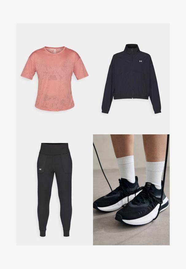 Must Musta tõmblukuga jakk, millel on kõrge krae, elastsed mansetid ja alläär. Omab sujuvat tekstuuri ja rinnal väikest valget logo.; Roosa lühikeste varrukatega T-särk, mis on valmistatud pehmest kangast. Omab ümmargust kaelust ja lõdvestunud lõiget, millel on peened tekstuurimustrid pinnal.; Mustad must-harjutuslegid, mis on valmistatud elastse materjali jaoks, kõrge vöökoha, küljetaskute ja tihedalt istuvate pahkluude vahega.; Mustad mustad jalanõud tekstuuritud kangast, valge tallaga ja mustade paeltega. Kanna valgete soonikkudega sokkide sisse, seistes helesinisel pinnal.