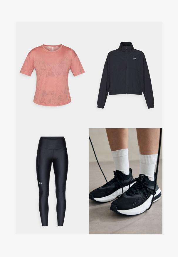 Musta vetoketjullinen takki korkealla kauluksessa, joustavat hihat ja helma. Ominaisuuksiin kuuluu sileä rakenne ja pieni valkoinen logo rinnassa.; Vaaleanpunainen lyhythihainen t-paita, joka on valmistettu pehmeästä kankaasta. Siinä on pyöreä pääntie ja rento istuvuus, jonka pinnassa on hienovaraisia tekstuurikuvioita.; Mustat legginsit, jotka on valmistettu sileästä ja venyvästä materiaalista, korkealla vyötäröllä. Vasemmassa reidessä on valkoinen logo ja istuva muotoilu.; Mustat urheilukengät, joissa on teksturoitua kangasta, valkoiset pohjat ja mustat nauhat. Yhdistetty valkoisten urheilusukkien kanssa, seisten vaalealla pinnalla.