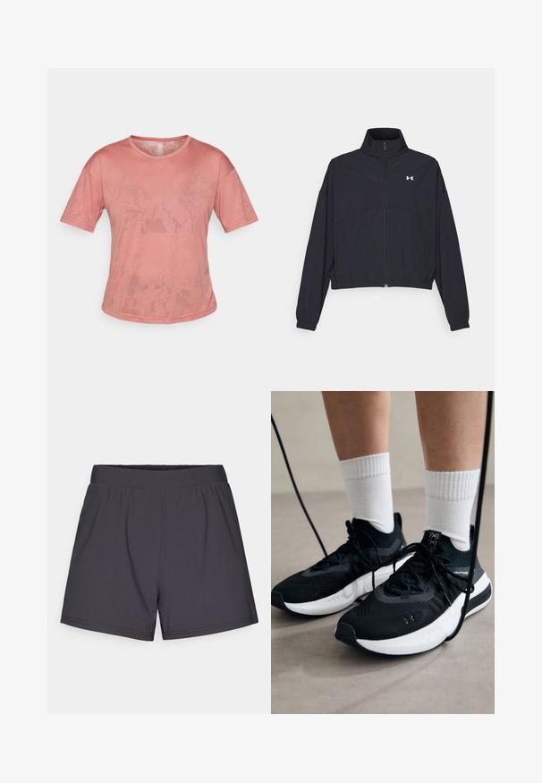 Crna jakna na zatvaranje s visokom ovratnikom, elastičnim manžetama i rubom. Ima glatku teksturu i mali bijeli logo na prsima.; Ružičasta kratkotrajna majica s kratkim rukavima napravljena od mekog materijala. Ima okrugli izrez i opušteni kroj, s naglašenim teksturalnim uzorcima na površini.; Crne sportske kratke hlače izrađene od lagane, rastezljive tkanine. Imaju elastičnu sredinu i jednostavan, neukrašen dizajn.; Crne atletske cipele s teksturiranim materijalom, bijelim potplatima i crnim vezicama. Nosene s bijelim rebrastim čarapama, stojeći na svijetloj površini.