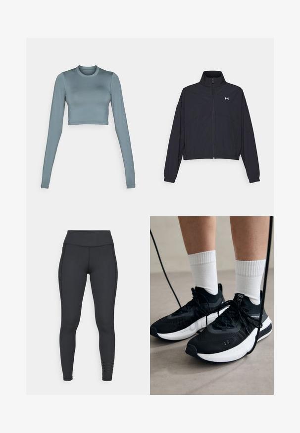 Zwarte zip-up jas met een hoge kraag, elastische manchetten en zoom. Beschikt over een soepele textuur en een klein wit logo op de borst.; Langdurig mouwloze, cropped top van zacht, rekbaar lichtblauw materiaal met een ronde hals en subtiele logo-details aan de voorkant.; Zwarte legging gemaakt van rekbaar materiaal, met een hoge tailleband, slank ontwerp en gestreepte accentdetails bij de enkel.; Zwarte sportschoenen van gestructureerde stof, met een witte zool en zwarte veters. Draag ze met witte geribde sokken, staand op een lichte ondergrond.