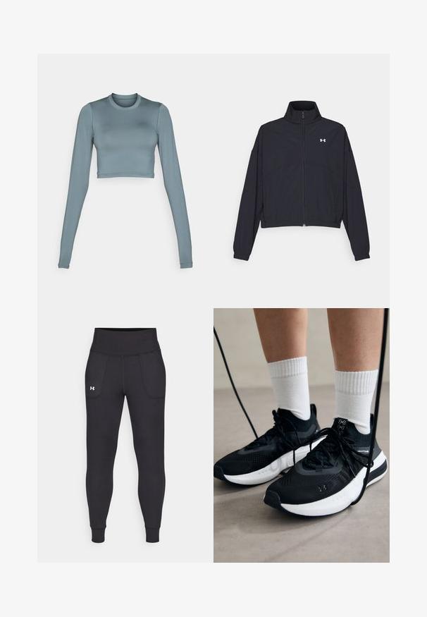 Giacca nera con zip e colletto alto, polsini e orlo elastici. Presenta una texture liscia e un piccolo logo bianco sul petto.; Top corto a maniche lunghe in morbido e elastico tessuto azzurro chiaro, con scollatura rotonda e un sottile dettaglio del logo al centro davanti.; Leggings atletici neri realizzati in materiale elastico, con un alto giro vita, tasche laterali e polsini aderenti alla caviglia.; Scarpe sportive nere con tessuto testurizzato, suola bianca e lacci neri. Indossate con calzini bianchi a costine, in piedi su una superficie chiara.