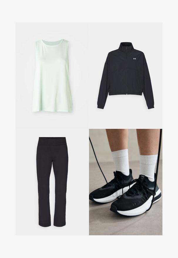 Melnā zipa jakā ar augstu apkakli, elastīgām piedurknēm un apakšmalu. Tai ir gluda tekstūra un neliels balts logo uz krūšu daļas.; Gaiši zaļa bezpiedurkņu blūze, izgatavota no elpojoša acs auduma, ar apaļu kakla līniju un brīvu piegriezumu ērtībai un kustībai.; Melnas leggingas ar gludu, elastīgu audumu un plašu vidukļa joslu. Tiem ir taisnas, pilna garuma kājas un nav redzamu rakstu vai akcentu.; Melni sporta apavi ar strukturētu audumu, balta zole un melni šņores. Valkāti ar baltām ribotām zeķēm, stāvot uz gaišas virsmas.