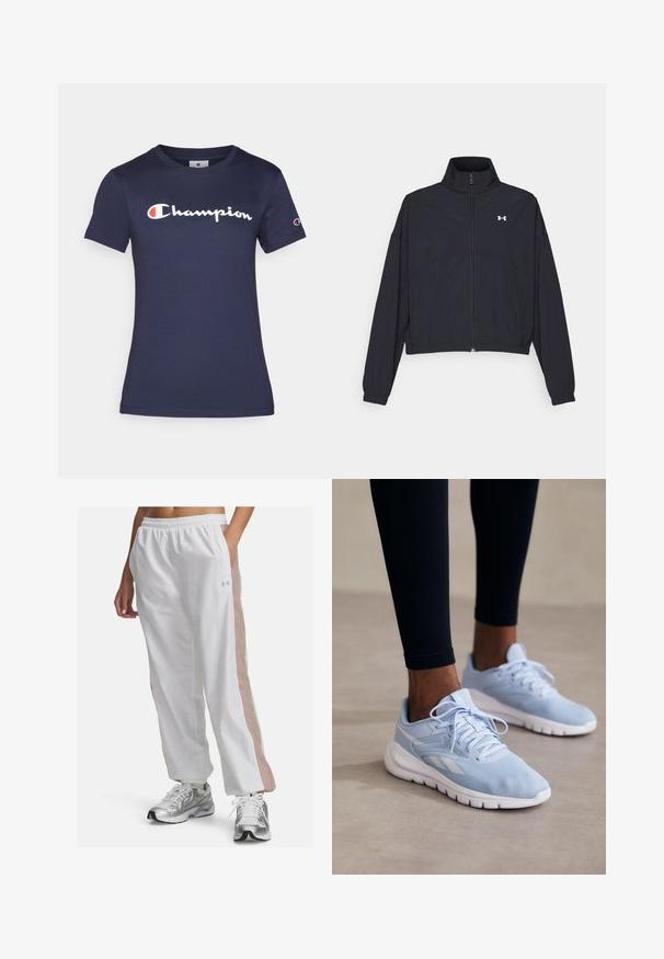 Black zip-up jacket with a high collar, elastic cuffs, and hem. Features a smooth texture and a small white logo on the chest.; Navy blue cotton t-shirt with short sleeves, featuring a white "Champion" logo. Regular fit with a crew neck and soft texture.; White athletic pants with an elastic waistband, featuring pastel pink and beige side stripes. Made of lightweight, smooth fabric.; Light blue athletic sneakers with mesh fabric, padded collar, and white sole. Features laces and side stripes in a contrasting white.