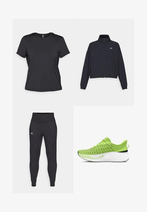 Black zip-up jacket with a high collar, elastic cuffs, and hem. Features a smooth texture and a small white logo on the chest.; Black short-sleeve T-shirt made of smooth, lightweight fabric with a round neckline and a relaxed fit. Seamless construction for comfort.; Black athletic leggings made from stretchy material, featuring a high waistband, side pockets, and fitted cuffs at the ankle.; Green knitted athletic shoe with a white midsole, black rubber outsole, and textured upper featuring horizontal lines. Adjustable laces included.