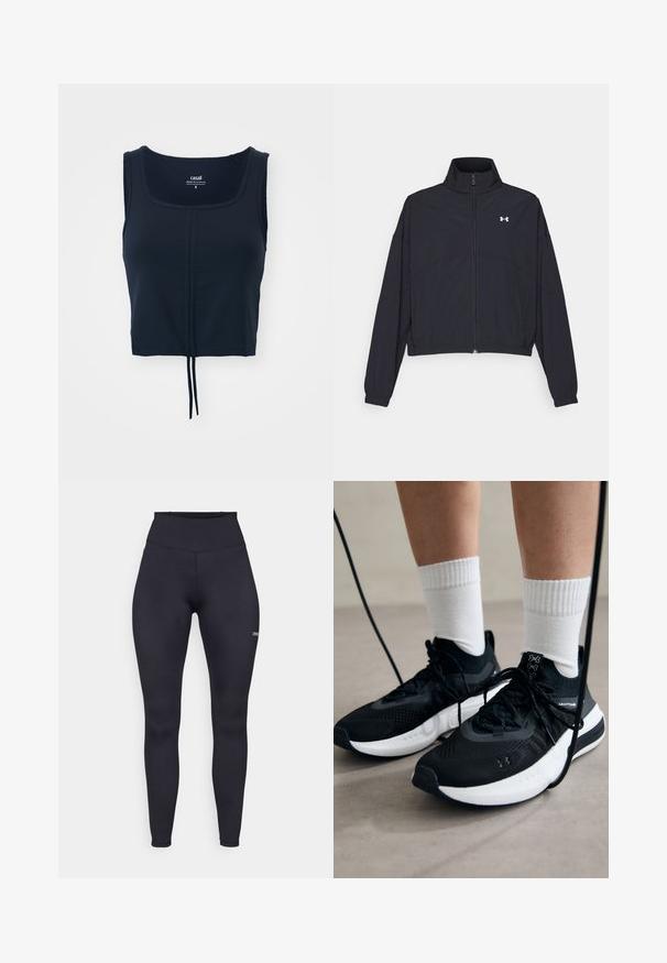 Musta vetoketjullinen takki korkealla kauluksessa, joustavat hihat ja helma. Ominaisuuksiin kuuluu sileä rakenne ja pieni valkoinen logo rinnassa.; Laivan sininen lyhyt tankkitoppi, jossa on neliömäinen kaula-aukko, valmistettu sileästä kankaasta. Sen helma on säädettävä solmimisnauha, eikä siinä ole näkyviä koristeluja.; Musta korkeavyötäröinen leggings made of stretch fabric, jossa on sileä pinta ja pieni logo alhaalla jalassa. Muotoa myötäilevä malli.; Mustat urheilukengät, joissa on teksturoitua kangasta, valkoiset pohjat ja mustat nauhat. Yhdistetty valkoisten urheilusukkien kanssa, seisten vaalealla pinnalla.
