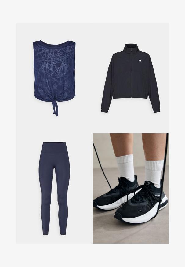 Black zip-up jacket with a high collar, elastic cuffs, and hem. Features a smooth texture and a small white logo on the chest.; ONLY Play ONPMASON KNOT BURNOUT CROP TRAIN - Top - maritime blue; Navy blue leggings made from stretchy fabric, featuring a high waistband and a side pocket. Smooth texture with a fitted design.; Black athletic shoes with textured fabric, white sole, and black laces. Worn with white ribbed socks, standing on a light surface.