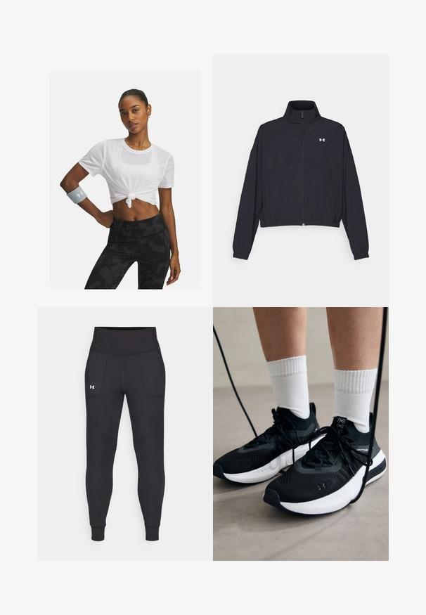 Črna jakna na zadrgo z visokim ovratnikom, elastičnimi manšetami in robom. Ima gladko teksturo in majhen bel logotip na prsih.; Bela mrežasta kratka majica s voženim detaljem na sprednjem delu, nošena uz crne leginsnoske hlače visokog struka s uzorkom; uočena sivi narukvica.; Črne atletske legice iz raztegljivega materiala, ki imajo visok pas, stranske žepke in tesne manšete pri gležnjih.; Črne športne čevlje z strukturirano tkanino, belo podplatom in črnimi vezalkami. Nosi se z belimi rebrastimi nogavicami, stoje na svetli površini.