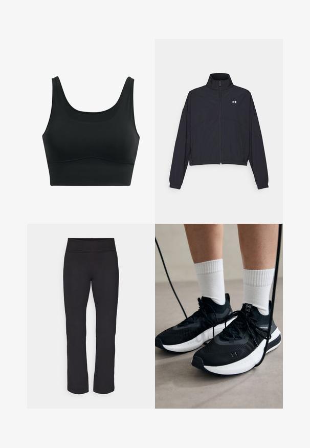 Zwarte zip-up jas met een hoge kraag, elastische manchetten en zoom. Beschikt over een soepele textuur en een klein wit logo op de borst.; Zwarte sportbh van gladde stof, met een ronde hals, brede bandjes en een naadloos ontwerp met een gebogen zoom.; Zwarte leggings van een gladde, rekbare stof met een brede tailleband. Ze hebben rechte, volle lengtes en geen zichtbare patronen of accenten.; Zwarte sportschoenen van gestructureerde stof, met een witte zool en zwarte veters. Draag ze met witte geribde sokken, staand op een lichte ondergrond.