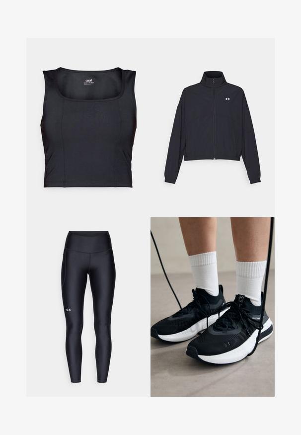 Black zip-up jacket with a high collar, elastic cuffs, and hem. Features a smooth texture and a small white logo on the chest.; Black athletic crop top, made of smooth fabric, features a round neckline, sleeveless design, and subtle stitching details.; Black leggings made of smooth, stretchy material with a high waistband. Features a white logo on the left thigh and fitted design.; Black athletic shoes with textured fabric, white sole, and black laces. Worn with white ribbed socks, standing on a light surface.