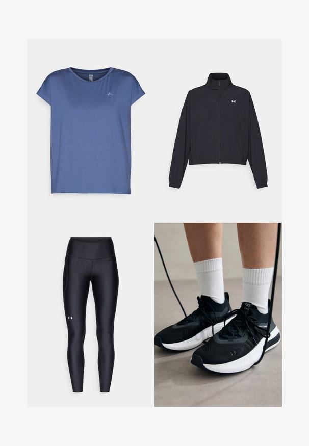 Chaqueta negra con cremallera y cuello alto, con puños y dobladillo elásticos. Presenta una textura suave y un pequeño logo blanco en el pecho.; ONLY Play ONPAUBREE LIFE ON BAT LOOSE TEE - Camiseta básica - vintage indigo; Leggings negros hechos de un material suave y elástico con una cintura alta. Presentan un logo blanco en el muslo izquierdo y un diseño ajustado.; Zapatillas deportivas negras con tela texturizada, suela blanca y cordones negros. Llevadas con calcetines blancos de canalé, de pie sobre una superficie clara.