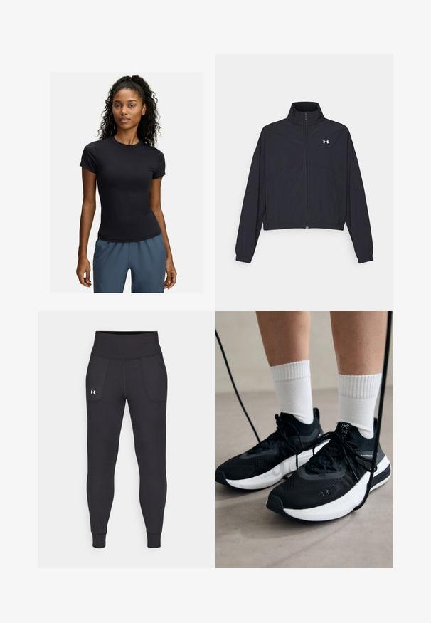 Giacca nera con zip e colletto alto, polsini e orlo elastici. Presenta una texture liscia e un piccolo logo bianco sul petto.; Maglietta atletica nera a maniche corte realizzata in tessuto elasticizzato, con un collo rotondo e un design aderente, abbinata a pantaloni atletici grigi.; Leggings atletici neri realizzati in materiale elastico, con un alto giro vita, tasche laterali e polsini aderenti alla caviglia.; Scarpe sportive nere con tessuto testurizzato, suola bianca e lacci neri. Indossate con calzini bianchi a costine, in piedi su una superficie chiara.