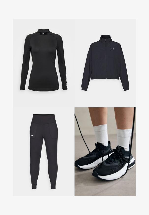 Čierna zipová bunda s vysokým golierom, elastickými manžetami a lemom. Má hladkú textúru a malé biele logo na hrudi.; Čierna košeľa s dlhým rukávom a vysokým golierom, vyrobená z hladkej tkaniny. Má jemné švy a logo na rukáve. Úzky strih.; Čierne športové legíny vyrobené z elastického materiálu, s vysokým pásom, bočnými vreckami a priliehajúcimi manžetami na členkoch.; Čierne športové topánky s textúrovanou tkaninou, bielou podrážkou a čiernymi šnúrkami. Nosené s bielymi rebrovanými ponožkami, postavené na svetlom povrchu.