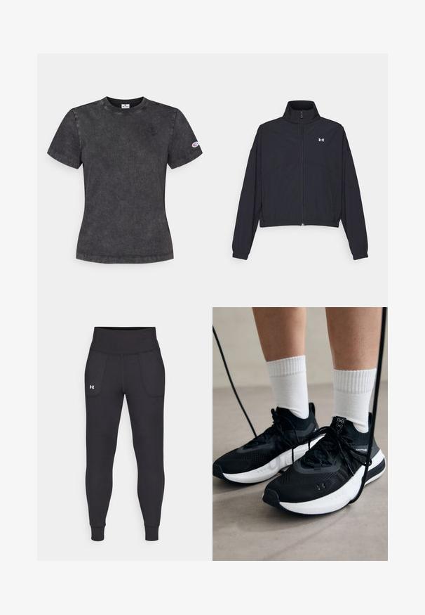 Czarna kurtka zapinana na zamek z wysokim kołnierzem, elastycznymi mankietami i dołem. Charakteryzuje się gładką teksturą oraz małym białym logo na piersi.; Czarny bawełniany t-shirt z krótkim rękawem, okrągłym dekoltem, z małym logo na piersi oraz dodatkowym logiem na rękawie, o teksturowanym wykończeniu.; Czarne legginsy sportowe wykonane z elastycznego materiału, z wysokim stanem, bocznymi kieszeniami i dopasowanymi mankietami przy kostkach.; Czarne buty sportowe z teksturowanym materiałem, białą podeszwą i czarnymi sznurowadłami. Nosi je osoba w białych skarpetkach w prążki, stojąca na jasnej powierzchni.