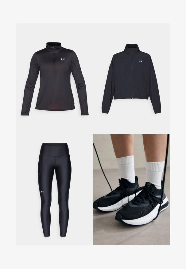 Must Musta tõmblukuga jakk, millel on kõrge krae, elastsed mansetid ja alläär. Omab sujuvat tekstuuri ja rinnal väikest valget logo.; Must mustaheline pullover, millel on veerand tõmblukk, valmistatud siledast kangast ja millel on vasakul rinnal väike valge logo.; Mustad mustad, venitatud materjalist, kõrge vöökoht. Vasakul reie kohal on valge logo ning tihe disain.; Mustad mustad jalanõud tekstuuritud kangast, valge tallaga ja mustade paeltega. Kanna valgete soonikkudega sokkide sisse, seistes helesinisel pinnal.