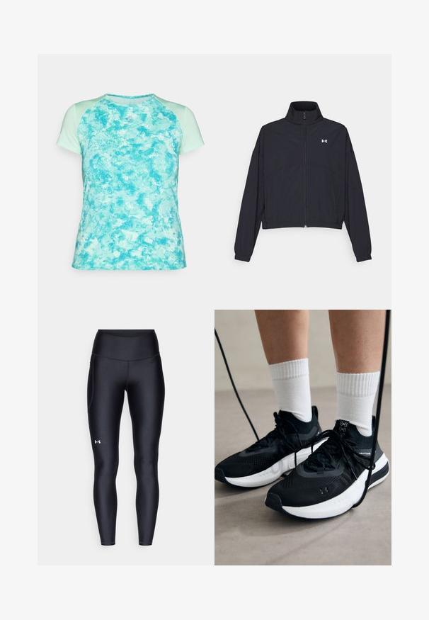Musta vetoketjullinen takki korkealla kauluksessa, joustavat hihat ja helma. Ominaisuuksiin kuuluu sileä rakenne ja pieni valkoinen logo rinnassa.; Lyhythihainen vaalean turkoosi paita, jossa on teksturoitu, marmoroitu kuosi ja verkkoasusteet olkasaumassa. Pyöreä pääntie.; Mustat legginsit, jotka on valmistettu sileästä ja venyvästä materiaalista, korkealla vyötäröllä. Vasemmassa reidessä on valkoinen logo ja istuva muotoilu.; Mustat urheilukengät, joissa on teksturoitua kangasta, valkoiset pohjat ja mustat nauhat. Yhdistetty valkoisten urheilusukkien kanssa, seisten vaalealla pinnalla.