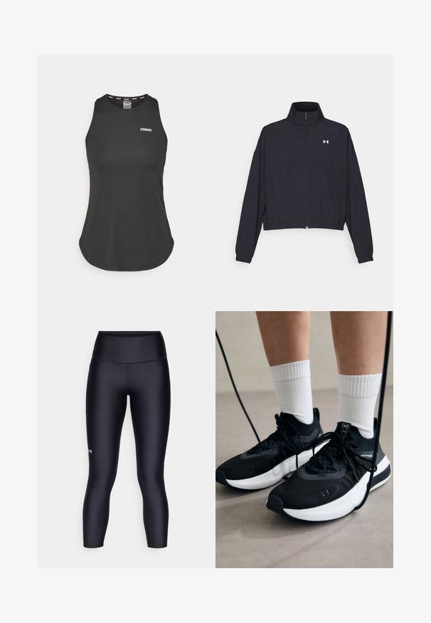 Must Musta tõmblukuga jakk, millel on kõrge krae, elastsed mansetid ja alläär. Omab sujuvat tekstuuri ja rinnal väikest valget logo.; Must räpane sporditop mustast pehmest kangast, ümmarguse kaelusega ja madala seljaosa disainiga. Ees on valge "STRONGER" logo.; Mustad mustad leggings, mis on valmistatud siledast ja elastsetest materjalidest. Kõrge vöökohaga disain, mis hoiab lähedast istuvust ning väikese logo vasakul jalal.; Mustad mustad jalanõud tekstuuritud kangast, valge tallaga ja mustade paeltega. Kanna valgete soonikkudega sokkide sisse, seistes helesinisel pinnal.