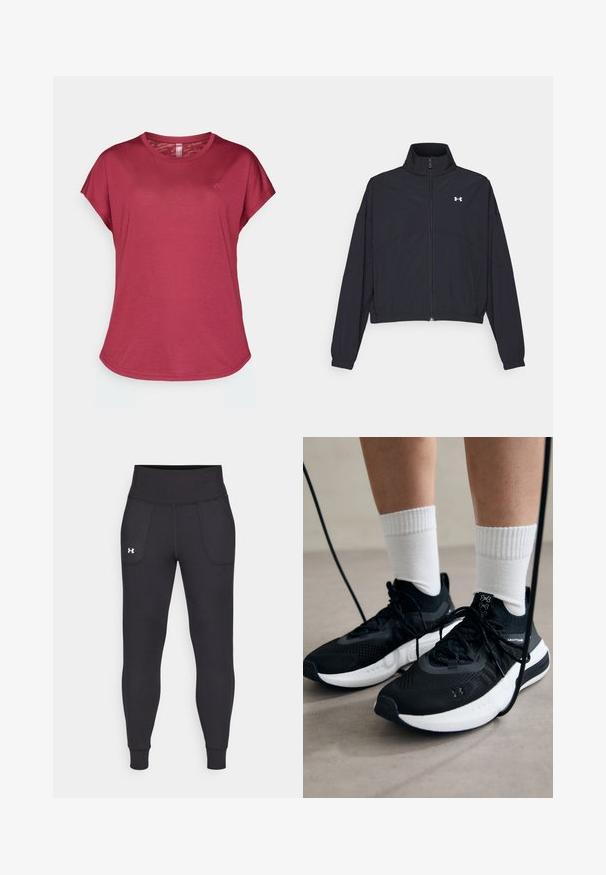 Black zip-up jacket with a high collar, elastic cuffs, and hem. Features a smooth texture and a small white logo on the chest.; Berry-colored short-sleeve t-shirt with a round neckline, soft texture, relaxed fit, and a subtle logo on the front left side.; Black athletic leggings made from stretchy material, featuring a high waistband, side pockets, and fitted cuffs at the ankle.; Black athletic shoes with textured fabric, white sole, and black laces. Worn with white ribbed socks, standing on a light surface.