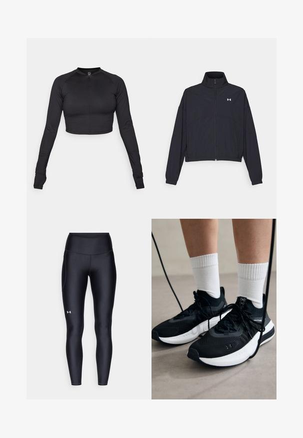 Svart zip-up jacka med hög krage, elastiska ärmslut och fåll. Har en slät textur och en liten vit logotyp på bröstet.; Svart kortärmad långärmad topp med hög krage och dragkedja framtill, tillverkad av slät, elastisk tyg; åtsittande design med raglanskärning.; Svarta leggings i ett smidigt, stretchigt material med hög midja. Har en vit logotyp på vänstra låret och en åtsittande design.; Svarta sportskor med texturerat tyg, vit sula och svarta snören. Bärs med vita reglerade strumpor, stående på en ljus yta.