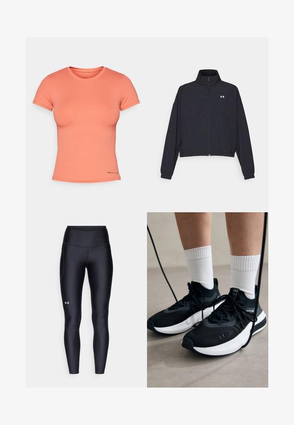 Black zip-up jacket with a high collar, elastic cuffs, and hem. Features a smooth texture and a small white logo on the chest.; Coral-colored short-sleeve t-shirt made from smooth, stretchy fabric. Crew neck design with logo accent on the lower left side.; Black leggings made of smooth, stretchy material with a high waistband. Features a white logo on the left thigh and fitted design.; Black athletic shoes with textured fabric, white sole, and black laces. Worn with white ribbed socks, standing on a light surface.