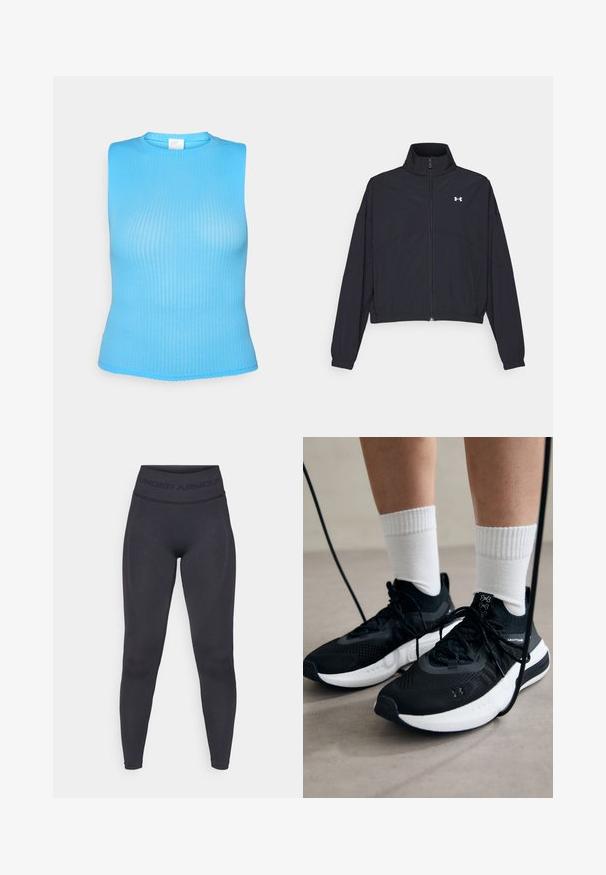 Schwarze Jacke mit Reißverschluss und hohem Kragen, elastischen Bündchen und Saum. Sie hat eine glatte Textur und ein kleines weißes Logo auf der Brust.; Gestreifter, ärmelloser Top in leuchtendem Blau. Glatte Textur mit rundem Halsausschnitt und leicht verkürztem Schnitt. Mit einem sauberen Saum abgeschlossen.; Schwarze Leggings mit einem hohen, elastischen Bund, der den Schriftzug "UNDER ARMOUR" trägt. Glatte Textur mit subtilen Musterakzenten entlang der Beine.; Schwarze Sportschuhe aus strukturiertem Stoff, mit weißer Sohle und schwarzen Schnürsenkeln. Tragen mit weißen gerippten Socken, stehen auf einer hellen Fläche.
