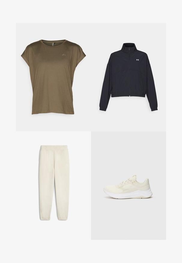 Zwarte zip-up jas met een hoge kraag, elastische manchetten en zoom. Beschikt over een soepele textuur en een klein wit logo op de borst.; ONLY Play ONPAUBREE LIFE ON BAT LOOSE - Sport T-shirt - kalamata; Lichtbeige sweatpants van zachte stof, met een elastische tailleband, cuffed enkels en een klein wit logo aan de zijkant.; Lichtgekleurde sport schoenen gemaakt van mesh en synthetische materialen, met een gestructureerde bovenkant, een gevoerde zool en subtiele branding.
