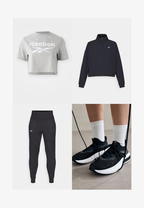 Musta vetoketjullinen takki korkealla kauluksessa, joustavat hihat ja helma. Ominaisuuksiin kuuluu sileä rakenne ja pieni valkoinen logo rinnassa.; Harmaa lyhythihainen t-paita, joka on valmistettu puuvillasta. Paidassa on pyöreä pääntie ja lyhyet hihat, sekä valkoinen "Reebok" -teksti ja logo painettuna etuosaan.; Mustat urheiluhousut, jotka on valmistettu venyvästä materiaalista. Niissä on korkea vyötärö, sivutaskut ja tiukat lahkeensuuthteet.; Mustat urheilukengät, joissa on teksturoitua kangasta, valkoiset pohjat ja mustat nauhat. Yhdistetty valkoisten urheilusukkien kanssa, seisten vaalealla pinnalla.