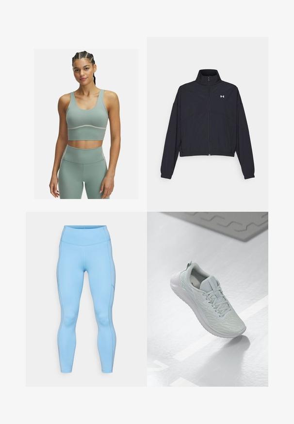 Juodas užtrauktuku užsegamas džemperis su aukštu apykaklės kraštu, elastingomis rankogaliais ir apačia. Pasižymi lygiu tekstūru ir mažuoju baltu logotipu ant krūtinės.; Šviesiai žalia sportinė liemenėlė su prigludusia forma, plačiomis petnešėlėmis ir lygiu paviršiumi. Apatinėje dalyje yra kontrastingi balti siūlai.; Šviesiai mėlynos leggingos, pagamintos iš tamprių audinių. Yra aukštas liemuo, sklandus paviršius ir kreivos siūlės palei kojas.; Šviesiai pilkos sportinės bateliai su tekstūruota tinklelio viršutine dalimi, su raišteliais, paminkštintu padu ir minimaliais prekės ženklo detalėmis.