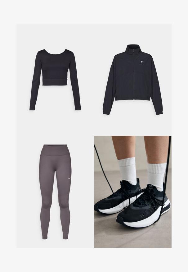 Melnā zipa jakā ar augstu apkakli, elastīgām piedurknēm un apakšmalu. Tai ir gluda tekstūra un neliels balts logo uz krūšu daļas.; Melnā, garām piedurknēm, pieguļoša krāsu tops ar apaļu dekoltē un ribotu tekstūru. Apmale beidzas tieši virs jostas, izceļoties ar minimālisma dizaina elementiem.; Pelēkas bikses legingi no elastīgas auduma, ar augstu vidukļa joslu, gludu tekstūru un nelielu baltu logotipu uz kreisā augšstilba.; Melni sporta apavi ar strukturētu audumu, balta zole un melni šņores. Valkāti ar baltām ribotām zeķēm, stāvot uz gaišas virsmas.