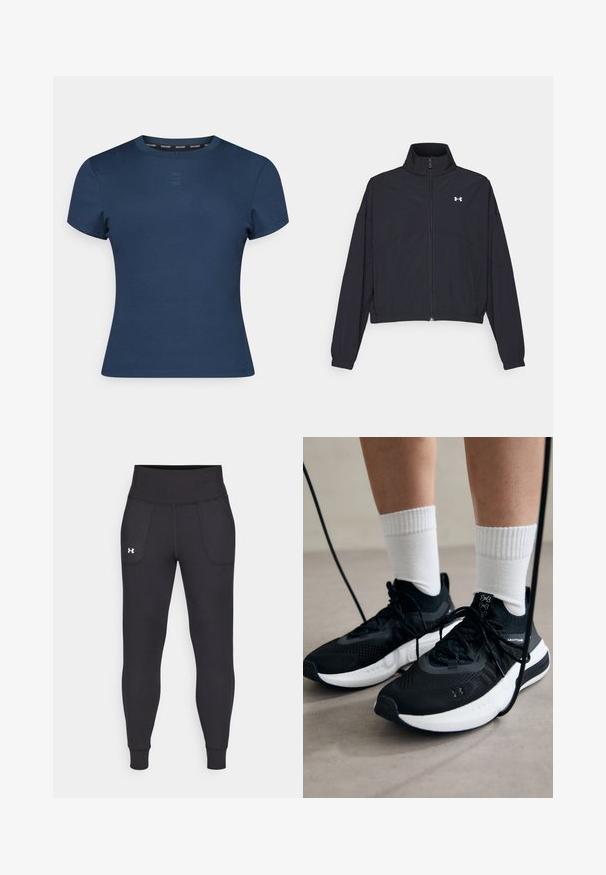Črna jakna na zadrgo z visokim ovratnikom, elastičnimi manšetami in robom. Ima gladko teksturo in majhen bel logotip na prsih.; Temno modra, kratka majica s kratkimi rokavi iz rebraste tkanine z okroglim izrezom, slim fit krojem in subtilnim logotipom blagovne znamke na prsih.; Črne atletske legice iz raztegljivega materiala, ki imajo visok pas, stranske žepke in tesne manšete pri gležnjih.; Črne športne čevlje z strukturirano tkanino, belo podplatom in črnimi vezalkami. Nosi se z belimi rebrastimi nogavicami, stoje na svetli površini.