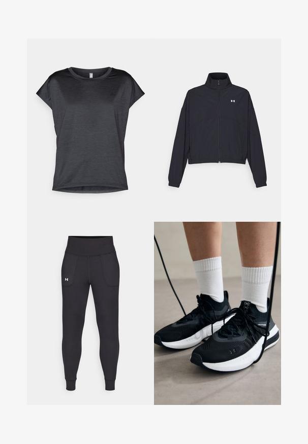 Black zip-up jacket with a high collar, elastic cuffs, and hem. Features a smooth texture and a small white logo on the chest.; Short-sleeve, dark gray T-shirt with a round neckline, made from lightweight fabric, featuring a smooth texture and a relaxed fit.; Black athletic leggings made from stretchy material, featuring a high waistband, side pockets, and fitted cuffs at the ankle.; Black athletic shoes with textured fabric, white sole, and black laces. Worn with white ribbed socks, standing on a light surface.