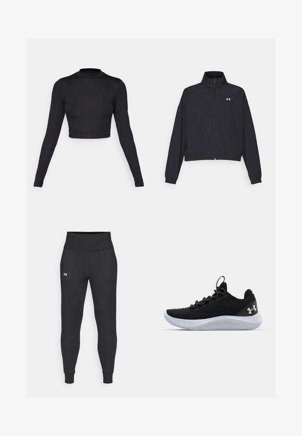 Must Musta tõmblukuga jakk, millel on kõrge krae, elastsed mansetid ja alläär. Omab sujuvat tekstuuri ja rinnal väikest valget logo.; Must musta varrukatega crop-top kõrge kaelusega. Valmistatud soonikust kangast, millel on ülikitsad varrukad ja puhas, sujuv servade detail.; Mustad must-harjutuslegid, mis on valmistatud elastse materjali jaoks, kõrge vöökoha, küljetaskute ja tihedalt istuvate pahkluude vahega.; Mustad mustren pruunid sportlikud kingad, millel on hingav võrgust pealis, tekstuuriga detailid ja valgest kummist talla. Omavad lapikuid paelu ja kandmismehhanismi.