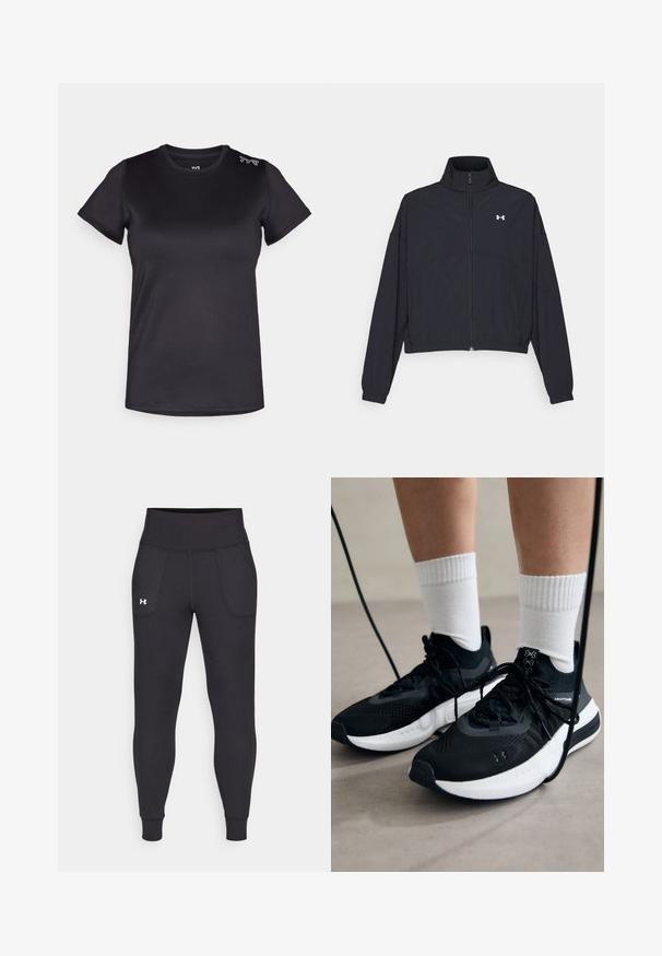 Musta vetoketjullinen takki korkealla kauluksessa, joustavat hihat ja helma. Ominaisuuksiin kuuluu sileä rakenne ja pieni valkoinen logo rinnassa.; Mustapaitainen lyhythihainen urheilu-paita, jossa on teksturoitu pinta ja pyöreä kaula-aukko; vasemmalla olkapäällä on valkoinen logo.; Mustat urheiluhousut, jotka on valmistettu venyvästä materiaalista. Niissä on korkea vyötärö, sivutaskut ja tiukat lahkeensuuthteet.; Mustat urheilukengät, joissa on teksturoitua kangasta, valkoiset pohjat ja mustat nauhat. Yhdistetty valkoisten urheilusukkien kanssa, seisten vaalealla pinnalla.