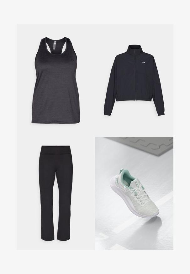 Giacca nera con zip e colletto alto, polsini e orlo elastici. Presenta una texture liscia e un piccolo logo bianco sul petto.; ONLY Play ONPCORE LIFE ON - Top - black; Leggings neri realizzati in un tessuto liscio ed elastico, con una cintura larga. Hanno gambe dritte e di lunghezza intera, senza motivi o accenti visibili.; Scarpa sportiva grigio chiaro con tomaia in maglia testurizzata, dettagli verde menta, lacci bianchi, suola in gomma e linguetta sul tallone.