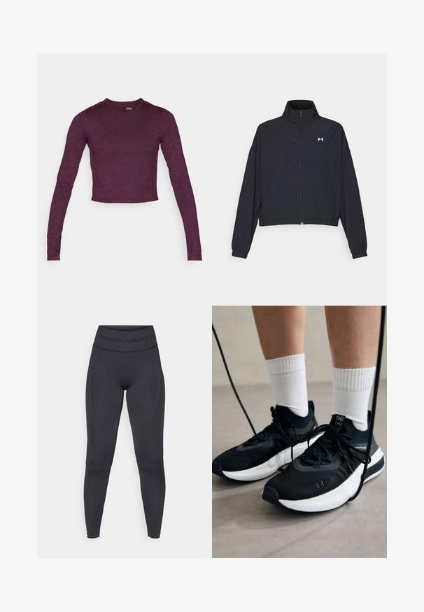 Fekete cipzáras dzseki magas gallérral, elasztikus mandzsettákkal és aljjal. Simaság jellemzi, és egy apró fehér logó található a mellkasán.; Hosszú ujjas, rövidített póló sötétlila színben, puha, enyhén struktúrált anyagból, kerek nyakkivágással és látható minták vagy díszítések nélkül.; Fekete leggings magas elasztikus derékkal, amelyen az "UNDER ARMOUR" felirat szerepel. Sima textúra, finom mintázat kiemelésekkel a lábak mentén.; Fekete sportcipők textúrált anyagból, fehér talppal és fekete fűzőkkel. Fehér bordázott zoknikkal viselve, világos felületen állva.