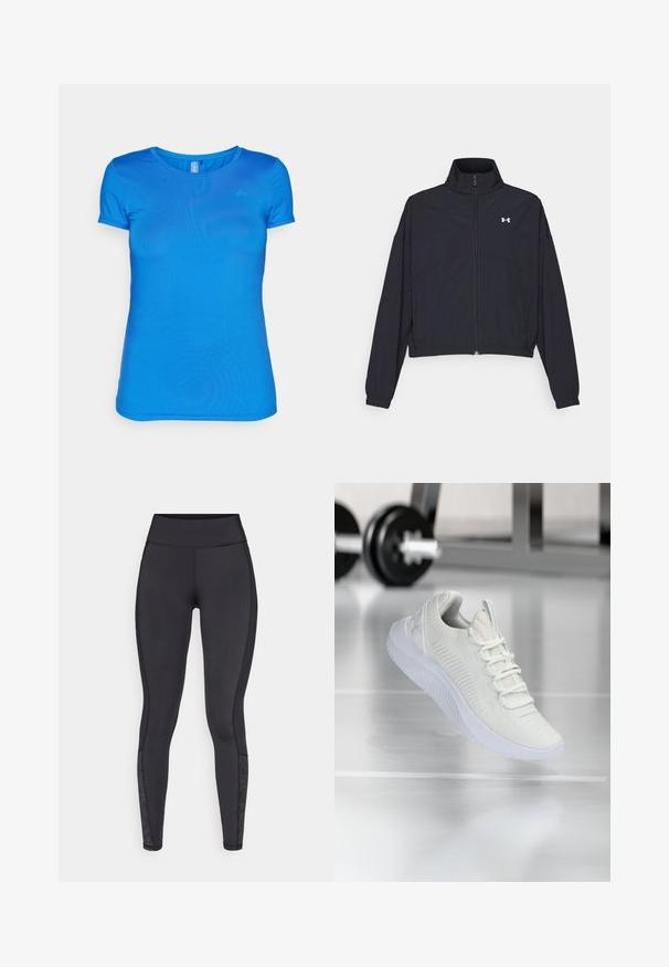 Juodas užtrauktuku užsegamas džemperis su aukštu apykaklės kraštu, elastingomis rankogaliais ir apačia. Pasižymi lygiu tekstūru ir mažuoju baltu logotipu ant krūtinės.; Mėlyna trumpa rankovė marškinėliai, pagaminti iš lengvos medžiagos, su apvaliu kaklu ir glotnia tekstūra. Subtilus logotipas viršutiniame kairiajame kampe.; Juodos leggingai pagaminti iš elastingos medžiagos. Aukštas juosmuo, glotnus paviršius, su raštuotais akcentais apatiniame kojos plote.; Balti sportiniai batai su tekstūruota tinklelio viršutine dalimi ir raištelių sistema, turintys paminkštintą baltą pado ir subtilius įdubimus.