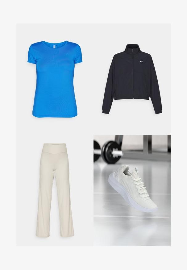 Melnā zipa jakā ar augstu apkakli, elastīgām piedurknēm un apakšmalu. Tai ir gluda tekstūra un neliels balts logo uz krūšu daļas.; Zils īsām piedurknēm T-krekls, izgatavots no viegla auduma, ar apaļu kaklu un gludu tekstūru. Diskrēts logos augšējā kreisajā stūrī.; Beigās platajās biksēs ar ribotu tekstūru, augstu jostu un taisnu griezumu. Iekļauta maiga šķirba apakšmalā.; Baltas sporta apavi ar teksturētu sietu augšdaļu un sasiešanas sistēmu, ar mīkstu baltu zoli un smalkiem ribotiem akcentiem.