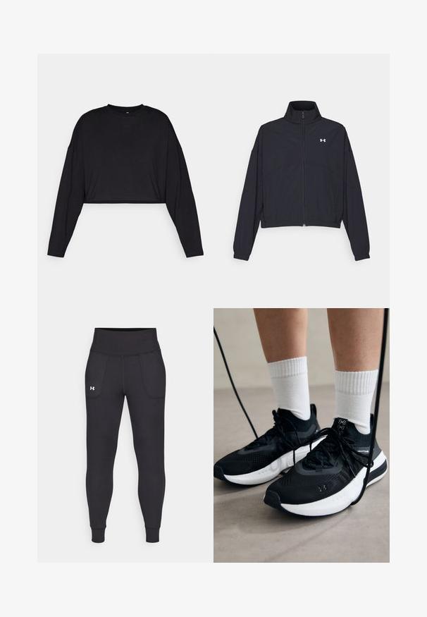 Crna jakna na zatvaranje s visokom ovratnikom, elastičnim manžetama i rubom. Ima glatku teksturu i mali bijeli logo na prsima.; Crni pamučni crop top s dugim rukavima, okruglim izrezom i mekanom teksturom. Ima minimalistički dizajn bez vidljivih uzoraka ili akcenata.; Crne sportske tajice napravljene od rastezljivog materijala, sa visokim pojasom, bočnim džepovima i uskim manžetama na gležnjevima.; Crne atletske cipele s teksturiranim materijalom, bijelim potplatima i crnim vezicama. Nosene s bijelim rebrastim čarapama, stojeći na svijetloj površini.
