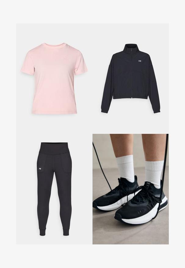 Chaqueta negra con cremallera y cuello alto, con puños y dobladillo elásticos. Presenta una textura suave y un pequeño logo blanco en el pecho.; Camiseta de algodón rosa con mangas cortas, cuello redondo y un sutil logotipo bordado. Textura suave y corte relajado.; Leggings deportivos negros hechos de material elástico, con una cintura alta, bolsillos laterales y puños ajustados en el tobillo.; Zapatillas deportivas negras con tela texturizada, suela blanca y cordones negros. Llevadas con calcetines blancos de canalé, de pie sobre una superficie clara.