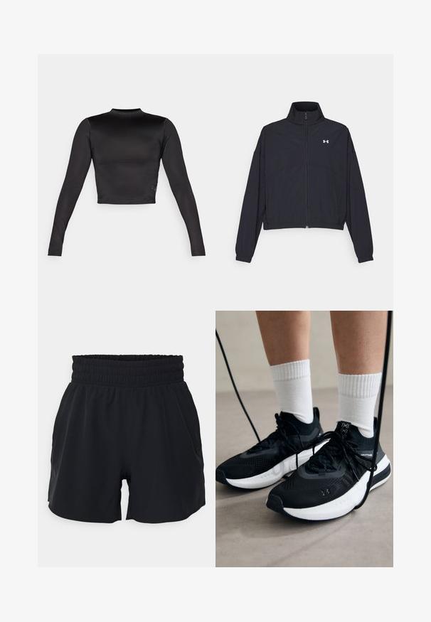 Schwarze Jacke mit Reißverschluss und hohem Kragen, elastischen Bündchen und Saum. Sie hat eine glatte Textur und ein kleines weißes Logo auf der Brust.; Schwarzes, kurzes Langarmshirt aus glattem, elastischem Material. Verfügt über einen hohen Ausschnitt und subtile Nähte.; Schwarze Sportshorts mit einem elastischen Bund, glattem Stoff und einem lockeren Schnitt. Die Shorts verfügen über Seitentaschen und eine Oberschenkellänge.; Schwarze Sportschuhe aus strukturiertem Stoff, mit weißer Sohle und schwarzen Schnürsenkeln. Tragen mit weißen gerippten Socken, stehen auf einer hellen Fläche.