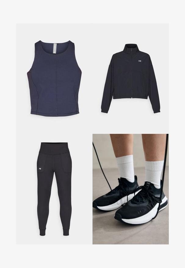 Musta vetoketjullinen takki korkealla kauluksessa, joustavat hihat ja helma. Ominaisuuksiin kuuluu sileä rakenne ja pieni valkoinen logo rinnassa.; Laivansininen hihaton cropped-top, jossa on pyöreä pääntie, sileä pinta ja näkyvät sauman yksityiskohdat sivuilla.; Mustat urheiluhousut, jotka on valmistettu venyvästä materiaalista. Niissä on korkea vyötärö, sivutaskut ja tiukat lahkeensuuthteet.; Mustat urheilukengät, joissa on teksturoitua kangasta, valkoiset pohjat ja mustat nauhat. Yhdistetty valkoisten urheilusukkien kanssa, seisten vaalealla pinnalla.