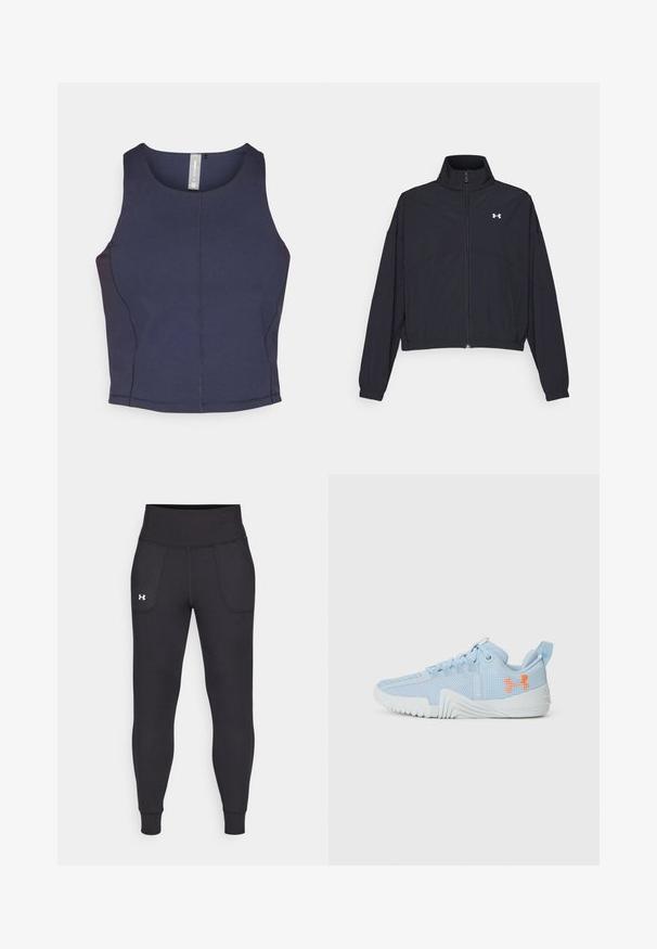 Black zip-up jacket with a high collar, elastic cuffs, and hem. Features a smooth texture and a small white logo on the chest.; Navy blue sleeveless crop top with a round neckline, smooth texture, and visible seam detailing on the sides.; Black athletic leggings made from stretchy material, featuring a high waistband, side pockets, and fitted cuffs at the ankle.; Light blue athletic shoe made of mesh material with a textured sole, featuring an orange logo and lace-up design.