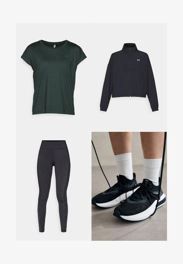 Crna jakna na zatvaranje s visokom ovratnikom, elastičnim manžetama i rubom. Ima glatku teksturu i mali bijeli logo na prsima.; ONLY Play ONPAUBREE LIFE ON BAT LOOSE TEE - Osnovna majica kratkih rukava - scarab; Crne tajice od rastezljivog materijala. Visoki pojas, glatka tekstura, s uzorkovanim detaljima na donjem dijelu nogu.; Crne atletske cipele s teksturiranim materijalom, bijelim potplatima i crnim vezicama. Nosene s bijelim rebrastim čarapama, stojeći na svijetloj površini.