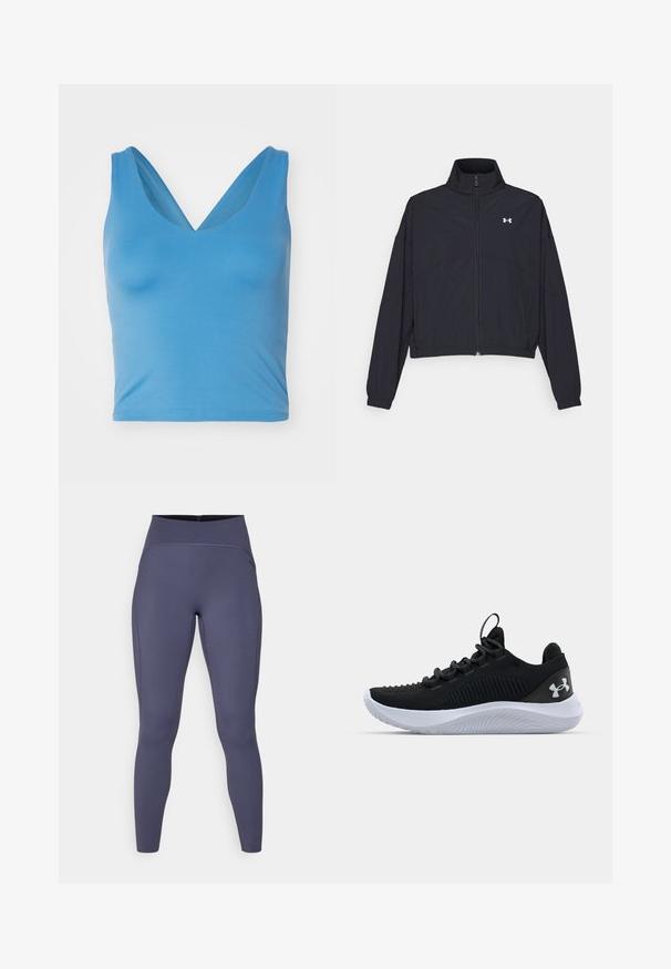 Svart zip-up jacka med hög krage, elastiska ärmslut och fåll. Har en slät textur och en liten vit logotyp på bröstet.; Girlfriend Collective FLOAT ZOE TANK CROSS BACK - Linne - surf; Höga leggings i en solid mörkgrå färg. Tillverkade av elastiskt tyg med platta sömmar och en åtsittande, avsmalnande bendesign.; Svarta atletiska skor med ett andningsbart meshtak, texturerade detaljer och en vit gummisula. Har platta skosnören och en hällapp vid hälen.