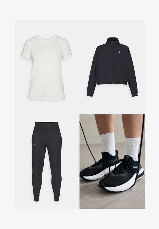 Veste noire zippée avec un col montant, des poignets et un ourlet élastiques. Presentant une texture lisse et un petit logo blanc sur la poitrine.; T-shirt blanc à manches courtes en tissu doux, avec un col rond et une coupe décontractée, dotée d'accents d'épaules lisses et sans couture.; Leggings de sport noirs en matière extensible, avec une taille haute, des poches latérales et des poignets ajustés au niveau des chevilles.; Chaussures de sport noires en tissu texturé, avec une semelle blanche et des lacets noirs. Portées avec des chaussettes blanches côtelées, debout sur une surface claire.