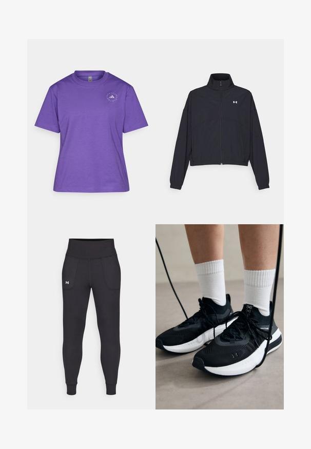 Black zip-up jacket with a high collar, elastic cuffs, and hem. Features a smooth texture and a small white logo on the chest.; Purple cotton t-shirt featuring a crew neck, short sleeves, and a circular logo design on the left side of the chest.; Black athletic leggings made from stretchy material, featuring a high waistband, side pockets, and fitted cuffs at the ankle.; Black athletic shoes with textured fabric, white sole, and black laces. Worn with white ribbed socks, standing on a light surface.