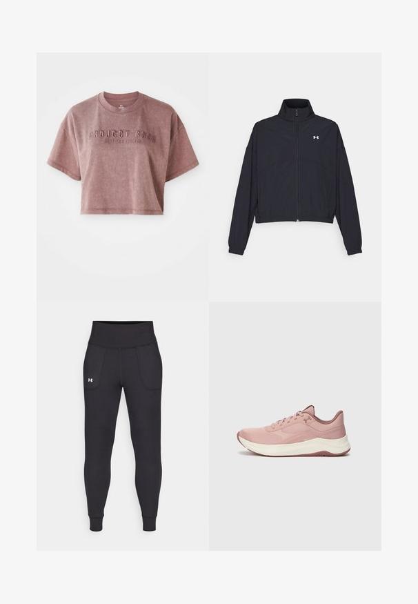 Black zip-up jacket with a high collar, elastic cuffs, and hem. Features a smooth texture and a small white logo on the chest.; Cropped, short-sleeve t-shirt in dusty rose color, made of soft fabric. Features embossed text "PROJECT ROCK" and "STOP FOR NOTHING" on the front.; Black athletic leggings made from stretchy material, featuring a high waistband, side pockets, and fitted cuffs at the ankle.; Light pink athletic shoe with mesh upper, padded collar, and white midsole. Features textured patterns and a rubber sole with traction.