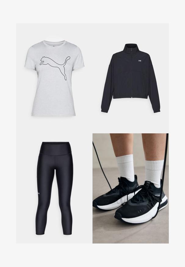 Chaqueta negra con cremallera y cuello alto, con puños y dobladillo elásticos. Presenta una textura suave y un pequeño logo blanco en el pecho.; Camiseta de manga corta color gris claro hecha de algodón, que presenta un contorno negro de un logo de puma saltando centrado en el pecho.; Leggings negros hechos de una tela suave y elástica. Diseño de cintura alta con un ajuste ceñido y un pequeño logo en la pierna izquierda.; Zapatillas deportivas negras con tela texturizada, suela blanca y cordones negros. Llevadas con calcetines blancos de canalé, de pie sobre una superficie clara.